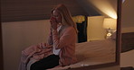 Woman, bedroom and praying in bed, alone and night time for religious, god and gratitude. Emotional, spiritual and hope for jesus christ, hands together and prayer for forgiveness, grateful and faith