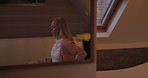 Back pain, home and woman with stress, mirror and health with injury, accident and anatomy. Bedroom, human and lady with reflection, muscle tension and strain with emergency, morning and spine