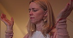 Meditation, zen and woman on a bed with reiki, hands and healing, energy or breathing at home. Mental health, wellness and face of female person with peace, chakra and freedom, holistic or practice