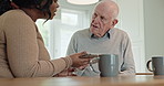 Nurse, old man and home with tablet, internet and social media with website information, conversation and relax. Black woman, caregiver and senior guy with technology, patient and discussion with app