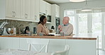 Nurse, old man and blood pressure in home for health discussion, advice or hypertension. Black person, professional equipment and help or elderly patient kitchen for consulting, test or trust support