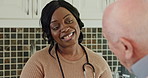 Nurse, old man and advice for home visit care, trust support or test medical exam. Black woman, male person and patient decision talking for planning wellness results or helping, health or service