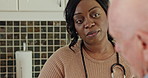 Nurse, old man and discussion for home visit care, trust support or test medical exam. Black woman, male person and patient decision talking or planning wellness results for advice, health or service