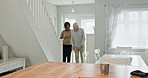 Elderly, man or caregiver with walking stick or support for conversation, helping and happy in lounge. Senior, person or woman with communication, talking or handicap in retirement home for volunteer