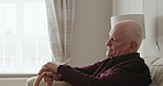 Elderly man, sofa and thinking sad or lonely loss in retirement, unhappy grief or mobility nostalgia. Old person, cane and thoughts on couch or depression fear of alzheimer, dementia or senior aging