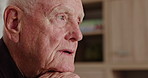Home, thinking and old man with memory, sad and retirement with mental health, feeling lonely and alzheimer. Senior person, depression and pensioner with anxiety, lonely and remember with dementia