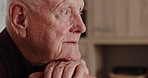 Home, thinking and old man with alzheimer, sad and retirement with mental health, feeling lonely and depression. Senior person, remember and pensioner with anxiety, lonely and memory with dementia