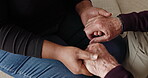 Old person, holding hands and comfort closeup for love support, bad news or grief advice. People, fingers and embrace for empathy kindness on sofa together for care touch, help for loss understanding