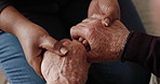 Holding hands, care and woman with senior man for comfort, love and compassion for grief. Sympathy, unity and closeup of female person with elderly male patient in retirement for support at home.