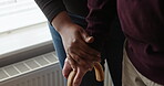 Walking stick, hands and senior person with nurse and caregiver with help, support and homecare. Retirement, physical therapy and patient with nursing and healthcare professional with elderly care