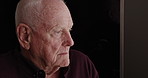 Home, thinking and remember with old man, sad and retirement with mental health, feeling lonely and alzheimer. Mature person, senior guy and pensioner with anxiety, depression or memory with dementia