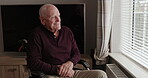 Elderly man, wheelchair and window thinking smile or nature view, retirement relax or old age comfort. Male person, mobility and happy thoughts or wonder reflection for perspective, nostalgia in home