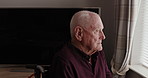 Home, thinking and old man with depression, mental health and retirement with dementia, feeling lonely and alzheimer. Person with disability, senior guy and pensioner with anxiety, remember or memory