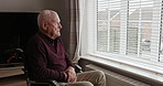 Home, thinking and old man with depression, sad and retirement with mental health, feeling lonely and alzheimer. Mature person, senior guy and pensioner with anxiety, lonely and memory with dementia