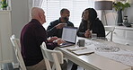 People, advisor and laptop for home planning, real estate meeting and talking of rent, mortgage or payment plan. Senior seller, realtor or agent with clients on computer screen for a house investment