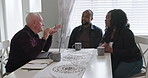 Couple, real estate agent and laptop for home meeting, planning and talking of rent, mortgage or payment plan. Senior seller, realtor or agent with clients or people on computer for house investment