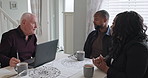 People, advisor and computer for home planning, real estate meeting and talking of rent, mortgage or payment plan. Senior seller, realtor or agent and clients or couple on laptop for house investment