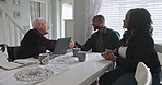 Retirement home, shaking hands and senior man with computer in wheelchair with financial advice. House, retirement plan and happy people with online investment and success of real estate contract