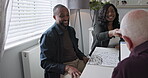 Couple, real estate agent and handshake for home meeting, success and agreement of rent, mortgage or payment plan. People, realtor or agent with clients shaking hands for house deal and thank you