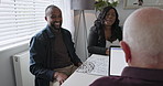Home, people and old man with laptop, conversation and consulting with financial advisor, funny and help. Meeting, men or woman with pensioner, senior guy or computer with retirement fund or planning