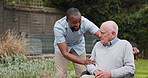 Wheelchair, outdoor and nurse with old man, recovery and conversation with rehabilitation, wellness and support. Pensioner, person with a disability and caregiver with healing, helping and healthcare