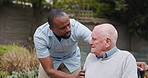 Outdoor, wheelchair or nurse with old man, support or rehabilitation with conversation, recovery or healing. Pensioner, person with disability or caregiver with patient, wellness or empathy with help