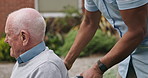 Wheelchair, outdoor and nurse with old man, rehabilitation and recovery with wellness, healing or support. Pensioner, person with a disability or caregiver with medical service, outside or healthcare