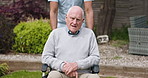 Elderly man, wheelchair and person outdoor in garden or retiree with a disability, mobility help or rehabilitation. Male individual, caregiver and backyard or fresh summer sun or rest, peace or relax