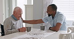 Support nurse and old man in a wheelchair talking with support, care or healthcare consulting in retirement. Elderly, caregiver and person with a disability and help with kindness or coffee in home