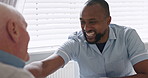Nursing home, comic and African caregiver with senior man consulting with a joke, bond or laughter. Happy, homecare and male volunteer with elderly patient in house with funny, humor or conversation