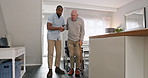 Help, wheelchair and caregiver with senior man for assisted living, medical care and support in home. Retirement, healthcare and male nurse with elderly patient with disability for rehabilitation