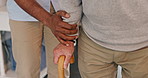 Nurse, senior man and walking stick with help, support and movement disability in retirement home. Elderly person, pensioner or caregiver with cane for mobility, rehabilitation or recovery in lounge
