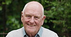 Senior man, face and smile in garden for positive, pride and retirement with relax wellness in house. Mature person,  happy and portrait of gratitude outdoor and satisfaction for calm in apartment