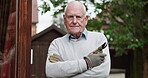 Senior man, face or plants for gardening in backyard, pride or retirement in relax wellness in nature. Mature person, portrait and green bush in outdoor and satisfaction for secateurs for tree growth