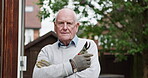 Senior man, face or confident for gardening in backyard, pride or retirement in wellness in nature. Mature person, portrait or arms crossed in outdoor or satisfaction by secateurs for tree growth