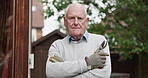 Senior man, garden and professional hobby in retirement, natural growth or outdoor sustainability at home. Portrait of elderly male person or gardener with cutting tool for bush trim or gardening