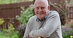 Happy, garden and face of old man with walking stick for relax, fresh air and wellness outdoors. Retirement, nature and portrait of elderly person with smile for calm, peace and sunshine in backyard