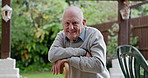 Happy, garden and face of senior man outdoors for relaxing, fresh air and wellness at home. Retirement, nature and portrait of elderly person with smile for calm, peace and sunshine in backyard