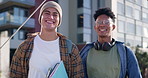 Students, men and friends with face in city, books and diversity with smile for learning, education or school. Gen z people, bridge and with backpack, solidarity or portrait for class at university