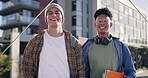 Students, men and face in city with books, diversity and smile for learning, education or school. People, bridge and gen z friends with backpack, solidarity and portrait for class schedule at college
