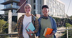 University student, men and friends with face in city, books and diversity with smile for learning, education or school. Gen z people, bridge and with backpack, happy or portrait for class at campus