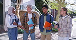 Conversation, group and friends at campus for university education, learning or study. Talking, bridge and happy students with discussion outdoor for college, scholarship or tertiary entry exam.