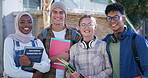 Group, portrait and happy for exam, education and friends with headphones, books and practice in campus. Outdoor, people and knowledge for test, smile and university students, studying and teamwork