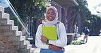 Face, Muslim black woman and smile at university outdoor with books for learning opportunity. Portrait, happy and Islamic student at college campus to study for education, scholarship and knowledge