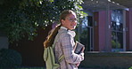 Happy girl, outdoor or face of college student walking on campus for future or study in university. Portrait, learning and woman with smile, travel or confidence for school, education or scholarship
