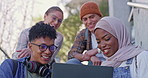 Happy students, teamwork and research with laptop on stairs for online learning, education or development at campus. Young people, friends or group on computer for social media, web or assignment