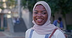 Outdoor, face or Islamic college student with smile for future or studying in university campus. Confident black girl, portrait or happy Muslim woman with smile for school education or scholarship