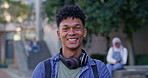 Face, happy man and student at university campus outdoor for learning opportunity, education and study. Portrait, smile and person at college for school, knowledge and academic pride for scholarship