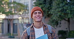 Face, happy man or confident college student walking in university campus for class, future or studying art. Cool, smile and male person with notebook for school, education or scholarship in morning