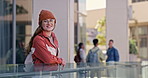 Face, university and student with girl, campus and higher education with knowledge, smile or learning. Portrait, outdoor or person with glasses, break or happiness with pride, academic or scholarship